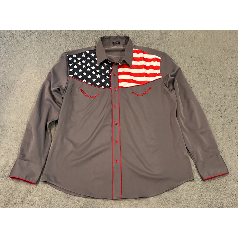 COOFANDY Mens Western Shirt Large Grey American Flag Stars Stripes Patriotic